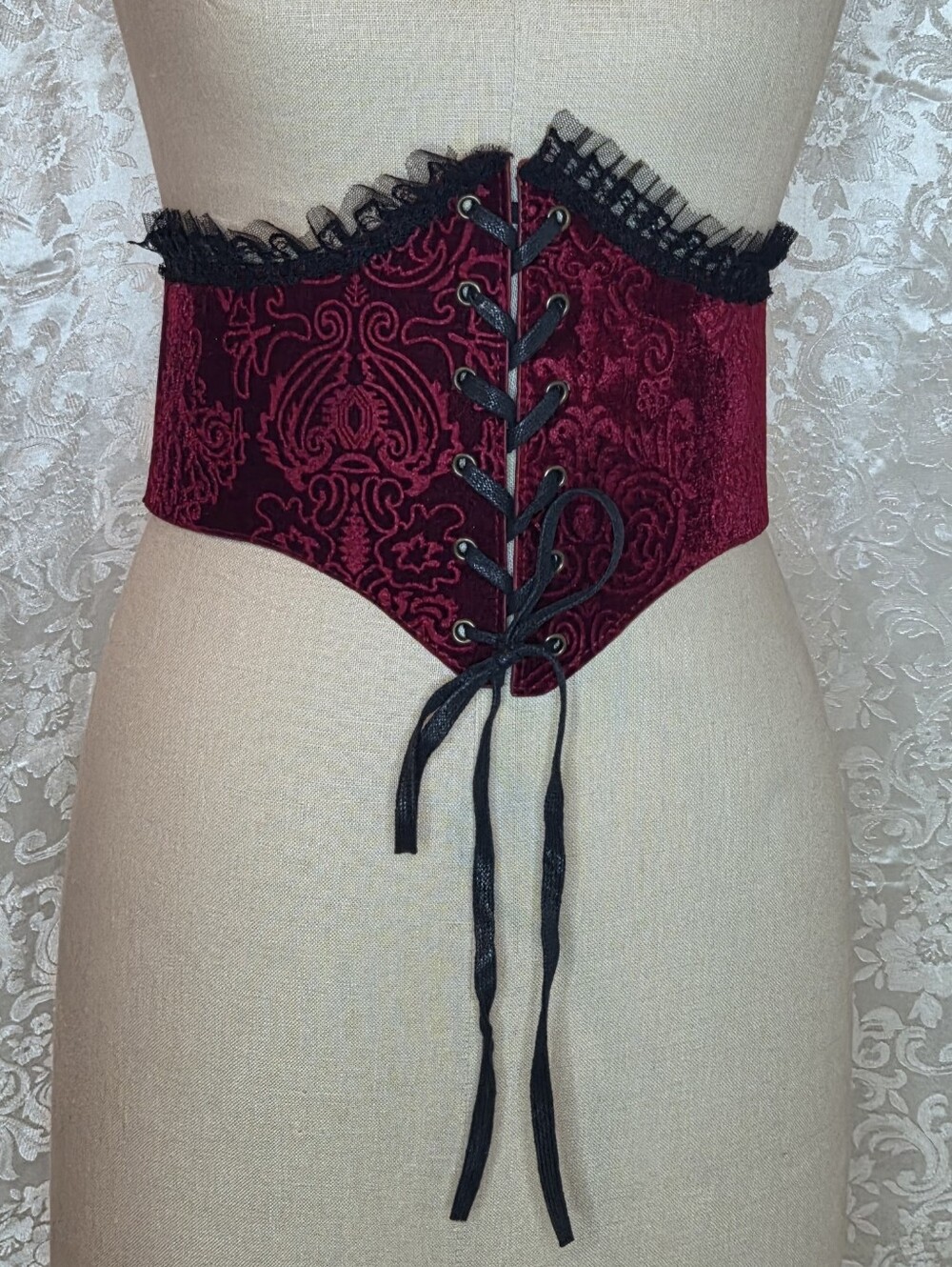 Spirit Red Lace-Up Velvet Waist Cincher with Black Trim